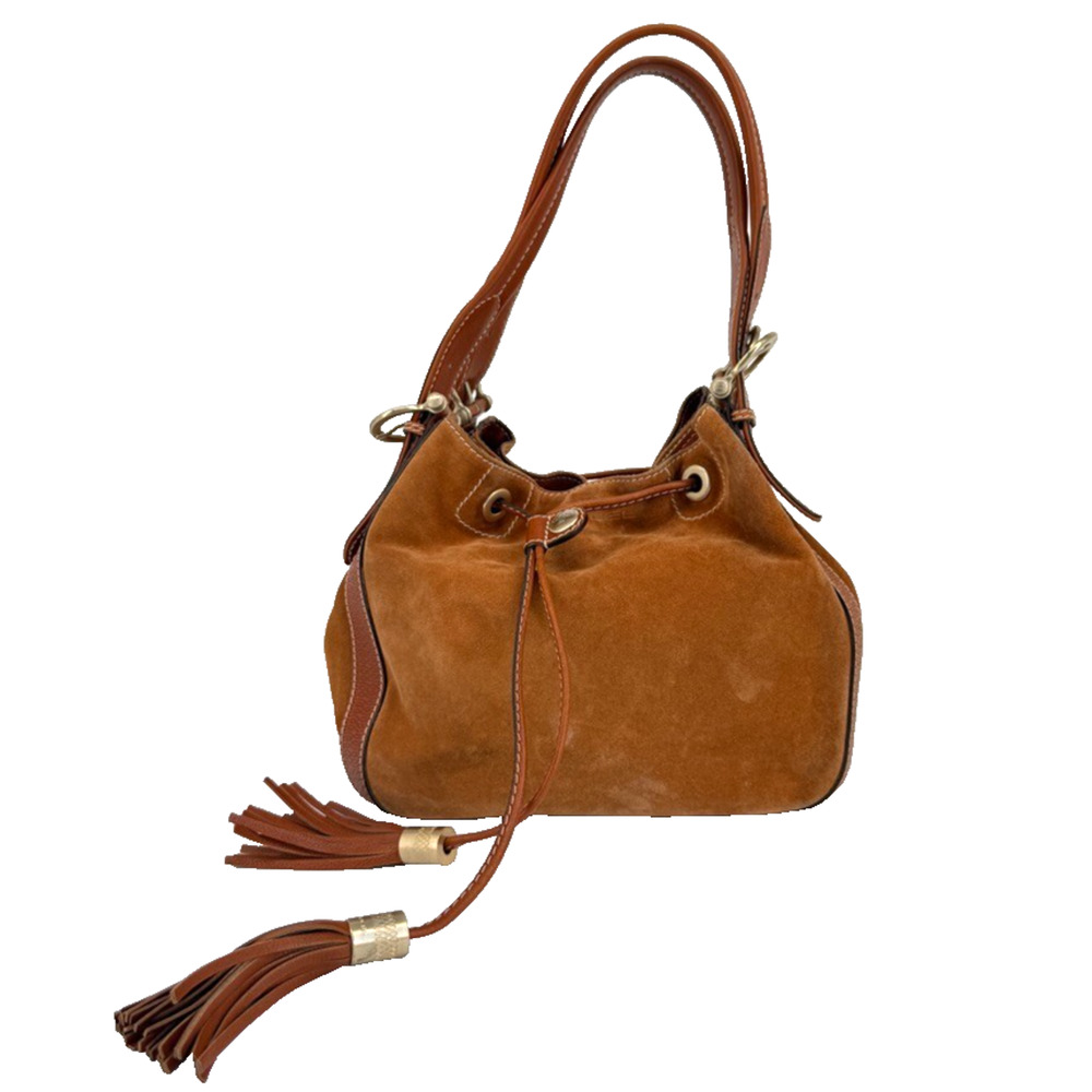 Lancel Paris Suede Bucket Bag Tassel Brown Shoulder Purse Old Money Luxe MCM